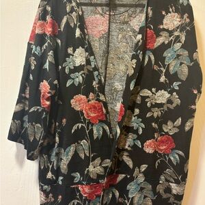 Style & Co. Black Sheer Floral Kimono Cardigan with Pink Accents